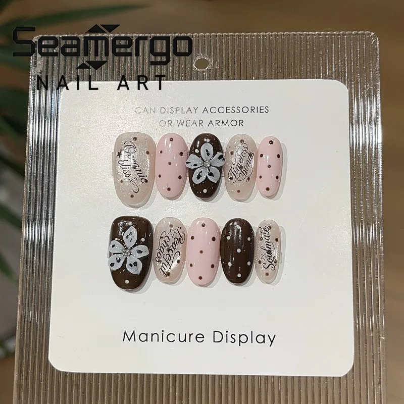 

10PCS Sweet Pink Short Oval Handmade Press on Nails 3D Carved Flowers Retro Brown Polka Dots Design False Nails for Women Girls