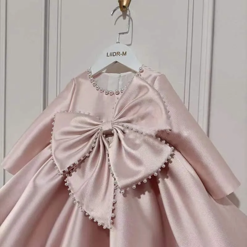 Baby Girl Princess Silk Pearl Dress Long Sleeve Infant Toddler Child Vintage Bow Vestido Party Pageant Birthday Clothes 1-14Y