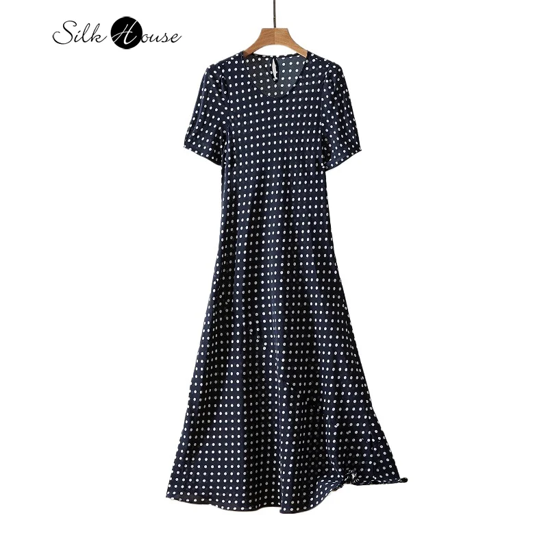 

Elegant Temperament 100% Natural Mulberry Silk Crepe De Chine Polka Dot Print Oblique Cut Round Neck Short Sleeved Dress