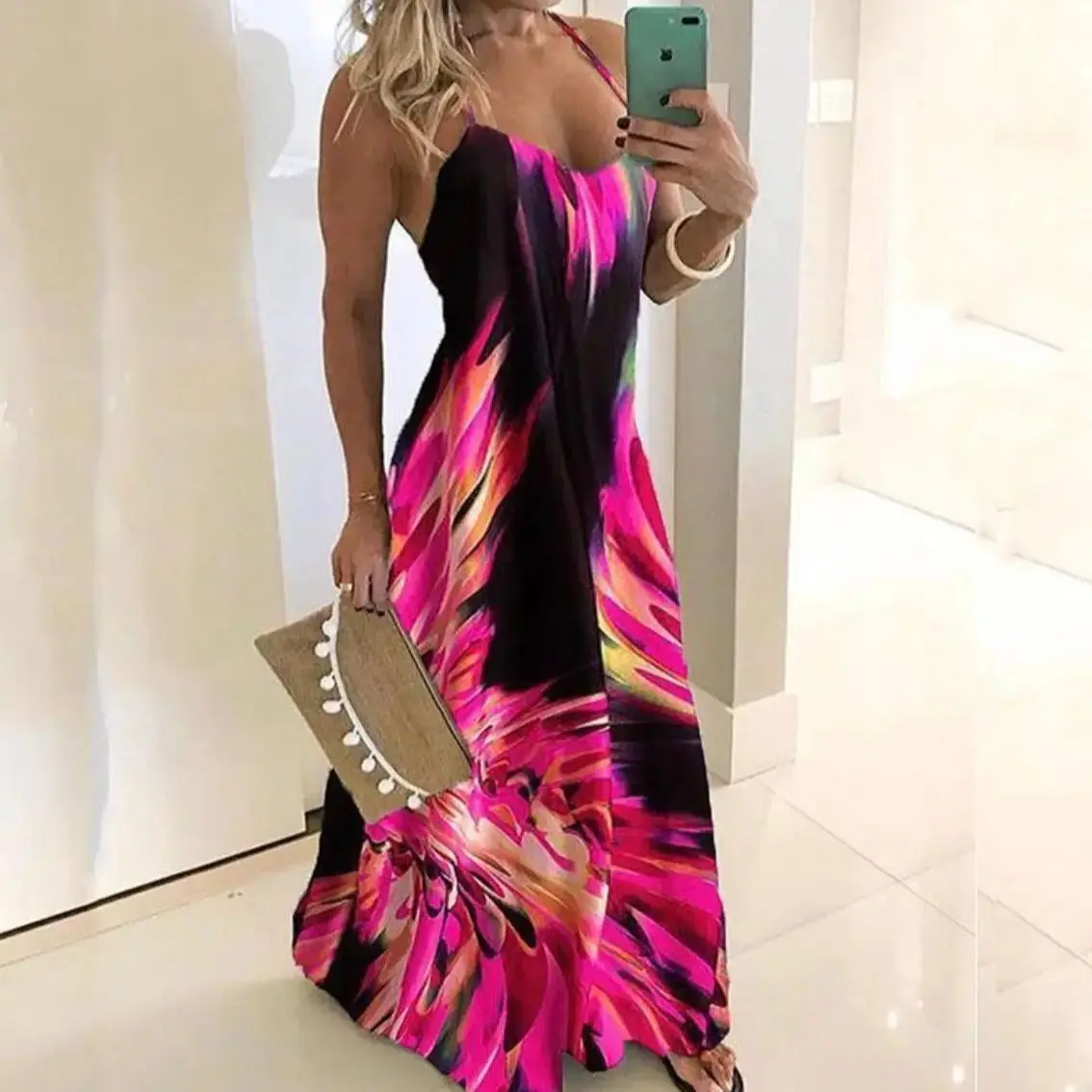 Zomer Hot Sale Slankmakende Slim Fit Basisjurk Geplaatste Bloemprint Spaghettibandjurk Damesmode Elegante Kleding - afbeelding 2