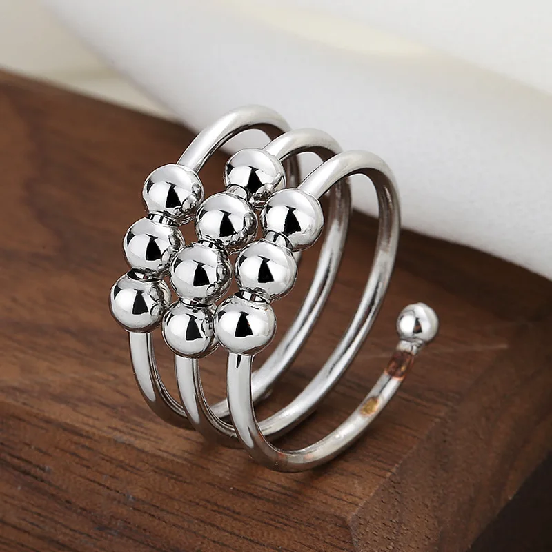 New 2022 Open Adjustable Beads Anxiety Ring for Women Girls Silver Color Geometric Beaded Anti-stress Fidget Ring Bague Femme