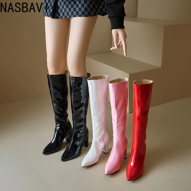 

Plus Size 44 45 46 Autumn Winter New Patent Leather Pointed Toe White Pink Red Side Zipper High Heel Knee High Boots Dance Shoes