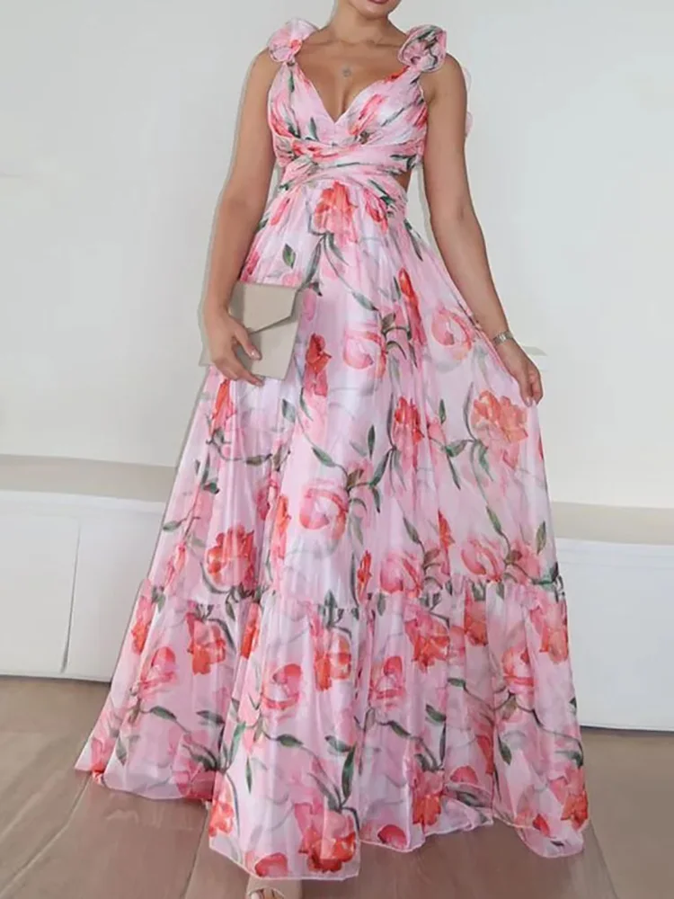 Summer Women Sleeveless Casual Maxi Dress, Printing Patchwork Simple Chic Party Dress, 2025 V Neck Backless Ladies Dress Vestido