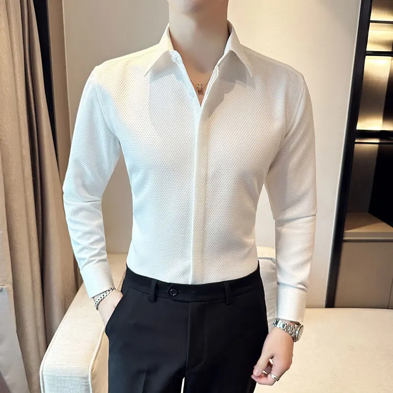 Lente Mannen Blouse Grote Turn Down Kraag Waffe Geruit Shirt Mannen Designer Lange Mouw Adembel Elegant Slim Fit Casual Shirt 2024