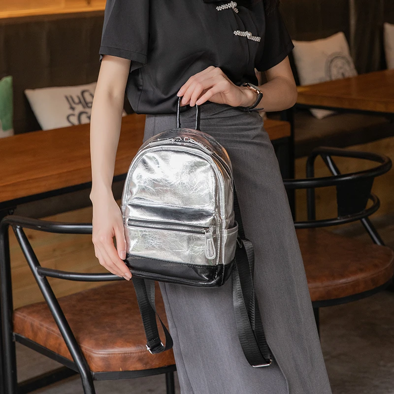 Women\'s Silver Leather Backpack Small Shoulder Handbag with Silver Chain and Dra piccolo main image 3