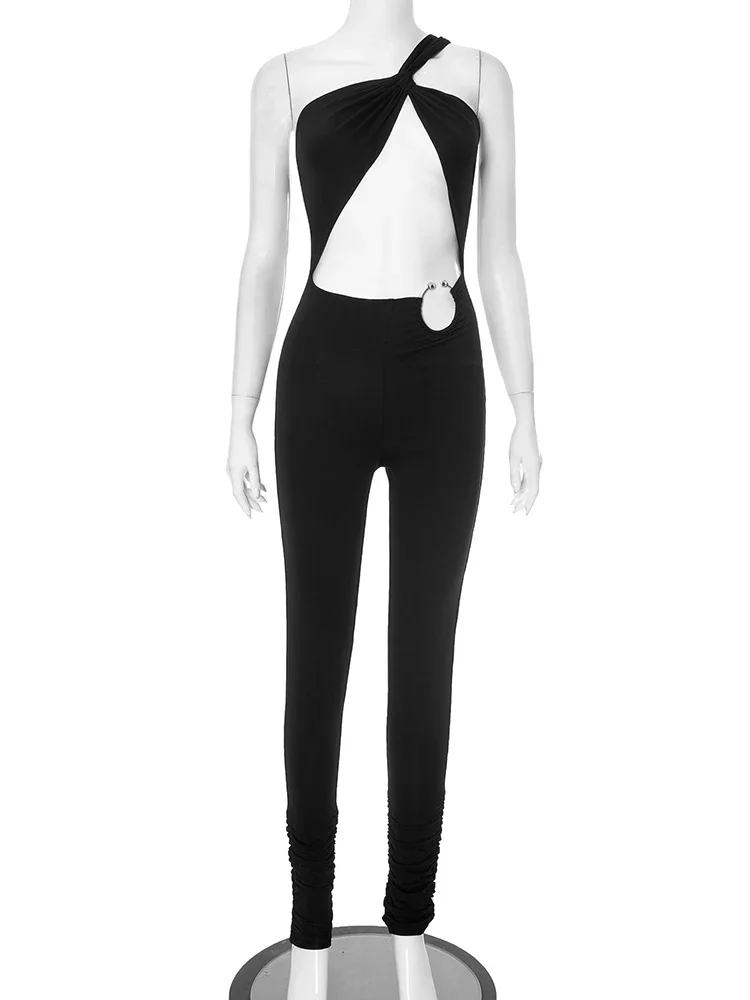 Jumpsuit berongga seksi wanita tidak beraturan tali bahu tunggal tanpa lengan Skinny Peach Hip Midnight Fashion Overall