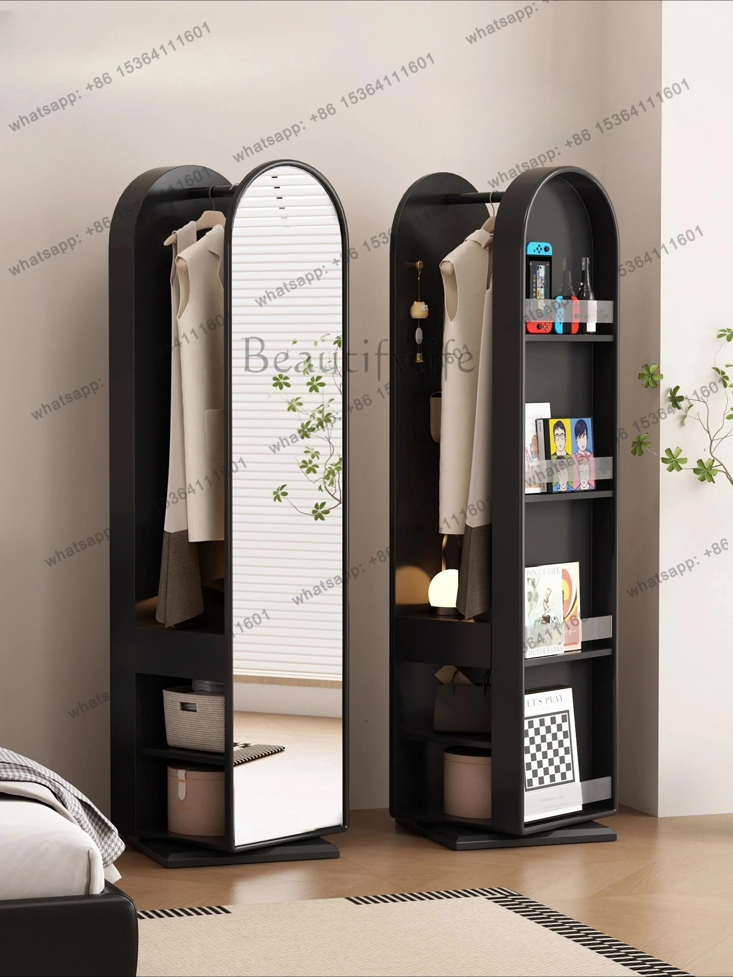 Rotating full-body mirror Floor mirror Household bedroom hanger integrated multi-functional book spaper rack full-length mirror