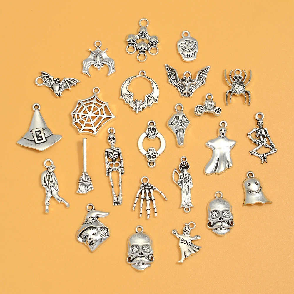 20pcs/lots Halloween Gothic Pumpkin Car Skull Head Spider Bat Ghost Wizard Hand Death Charms Pendants For Diy Jewelry Making