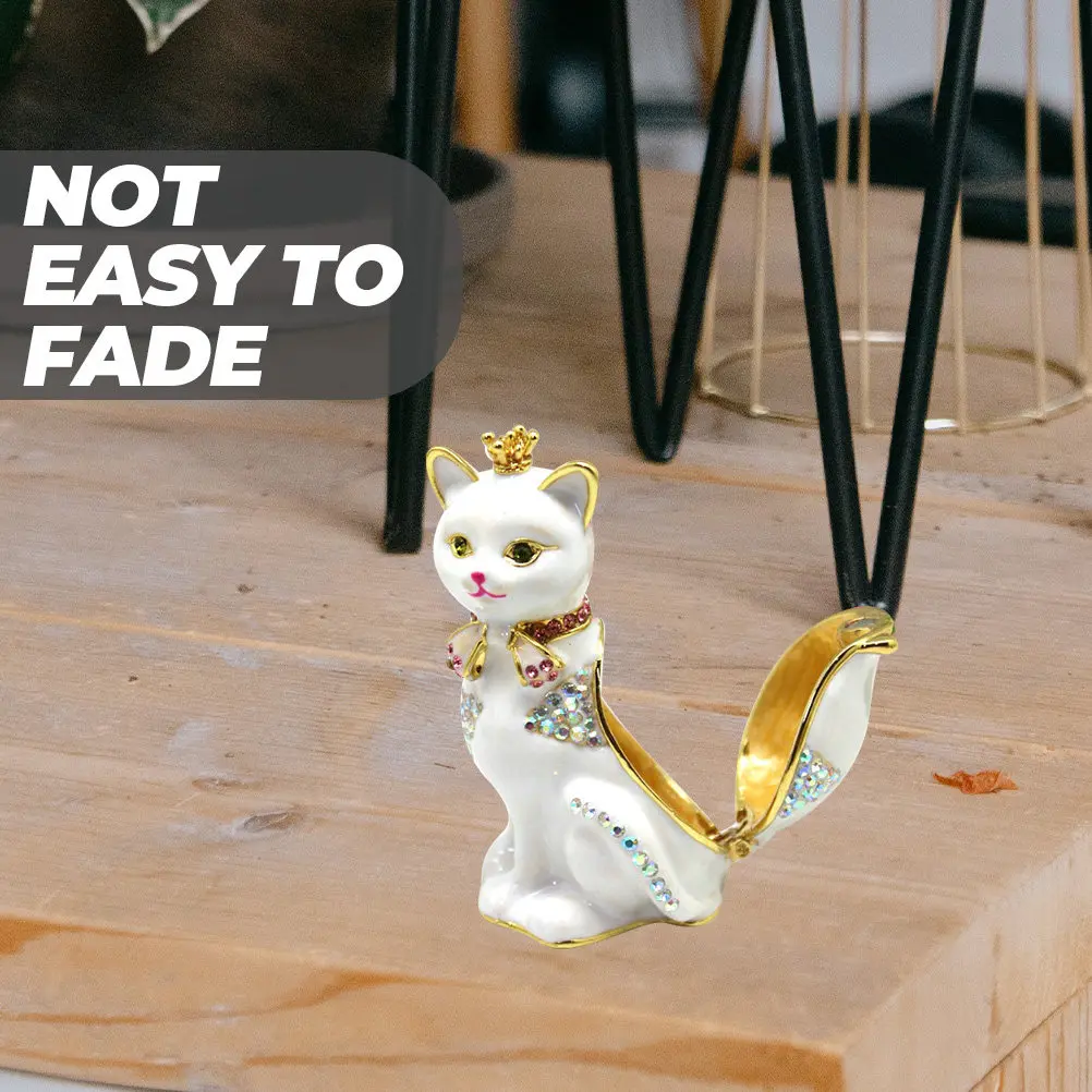 

Metal Alloy Jewelry Storage Box with Cute Cat Ornament Desktop Decor Bright Color Jewelry Organizer for Earrings Rings Trinkets