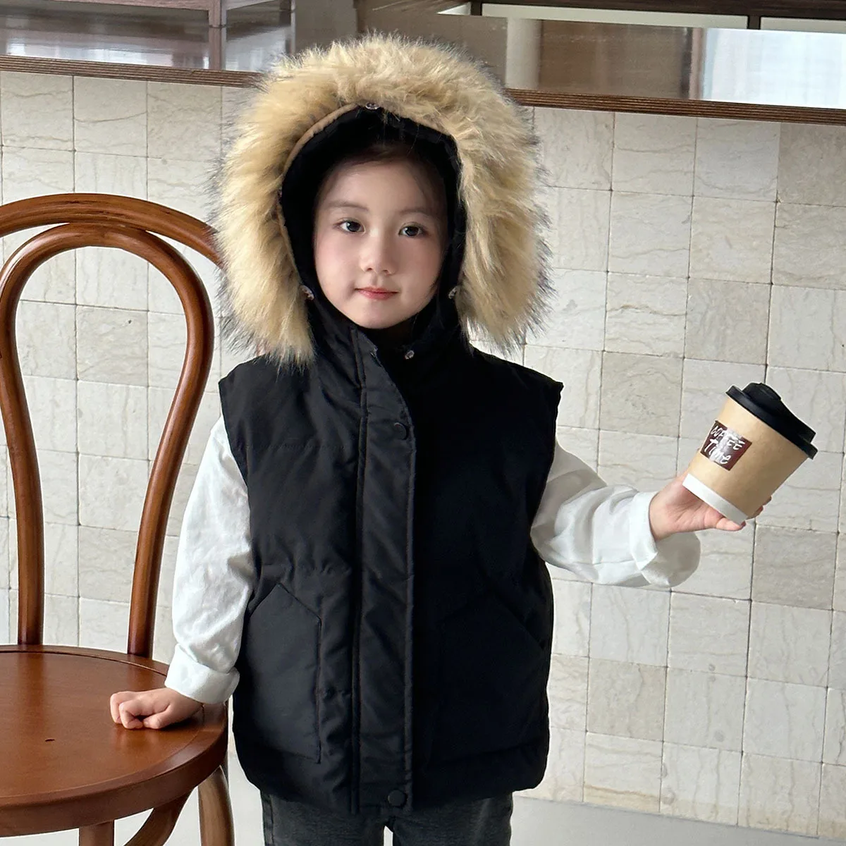 

UNITIM Childrens Boys Down Vest Winter Thick Hooded Fur Collar Toddler Boys Sleeveless Coat Warm Solid 2024 Baby Girls Jacket