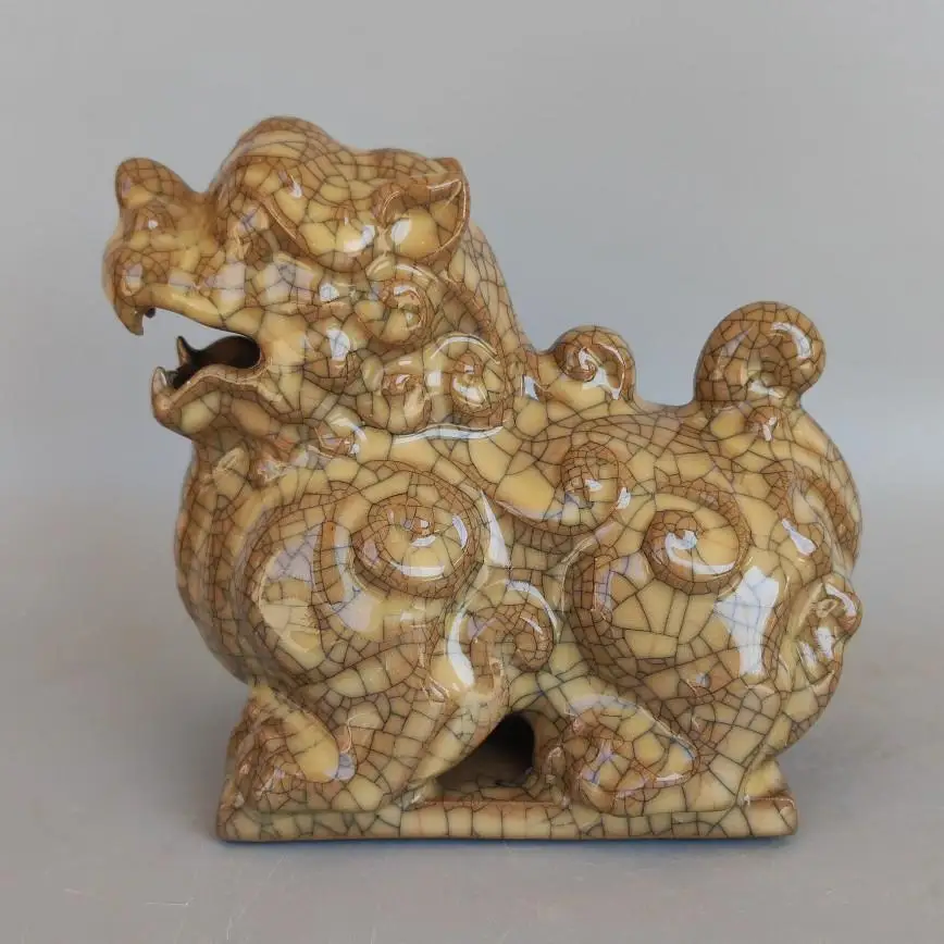 Chinese Ge Kiln Crackle Glaze Pixiu Lion Statue Porcelain Fu Beast Figurine Home Office Feng Shui Decor Collection Ceramic