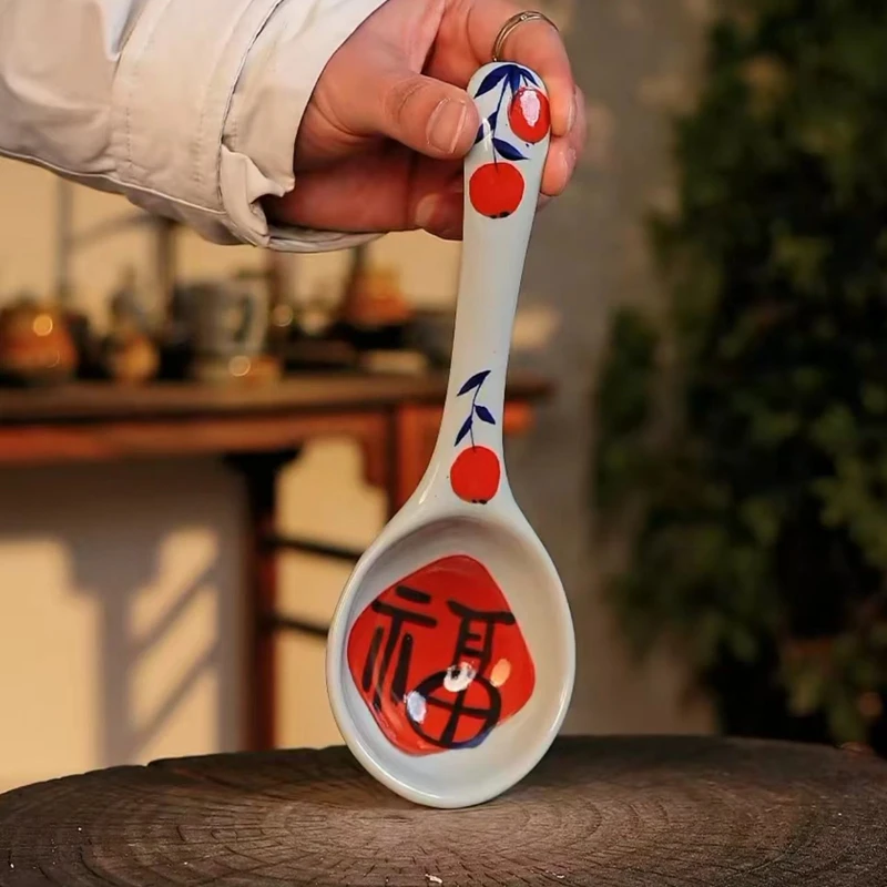 

Wood-fired Quality High Temperature Underglaze Color Hand-painted Chinese Word Fu Big Soup Spoon