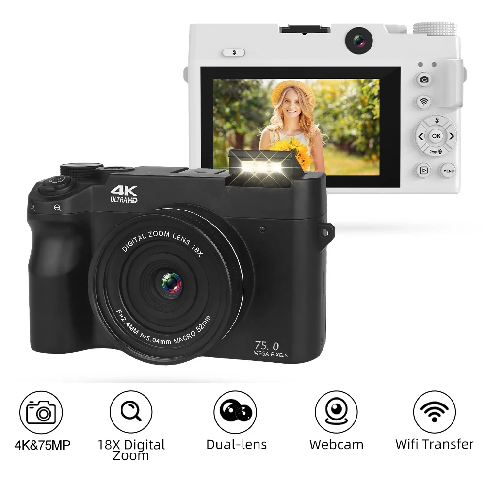 

Компактная цифровая фотокамера 4K, веб-камера с Wi-Fi, 18-кратный цифровой зум, 3-дюймовый экран, ретро-видеорегистратор для видеоблога