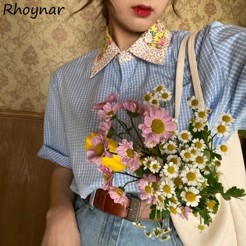 

Shirts Women Summer Plaid Design Flower Baggy Patchwork Preppy Students Korean Fashion Vintage Chic Camisas Mujer Harajuku New