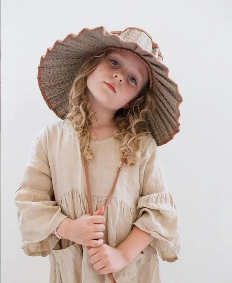 Parent-child Shade Straw Hat Big Brim Fiber Woven Pleated Fisherman Hats Foldable Straw Hat Beach Sun Protection Sun Caps Bonnet