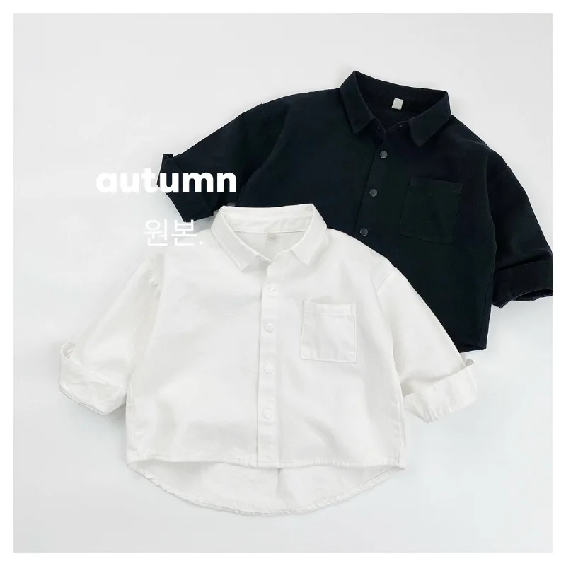

HoneyCherry Children's Long-sleeved Shirt, Black and White Solid Color Basic Style, Autumn Korean - Style and Japanese - Style