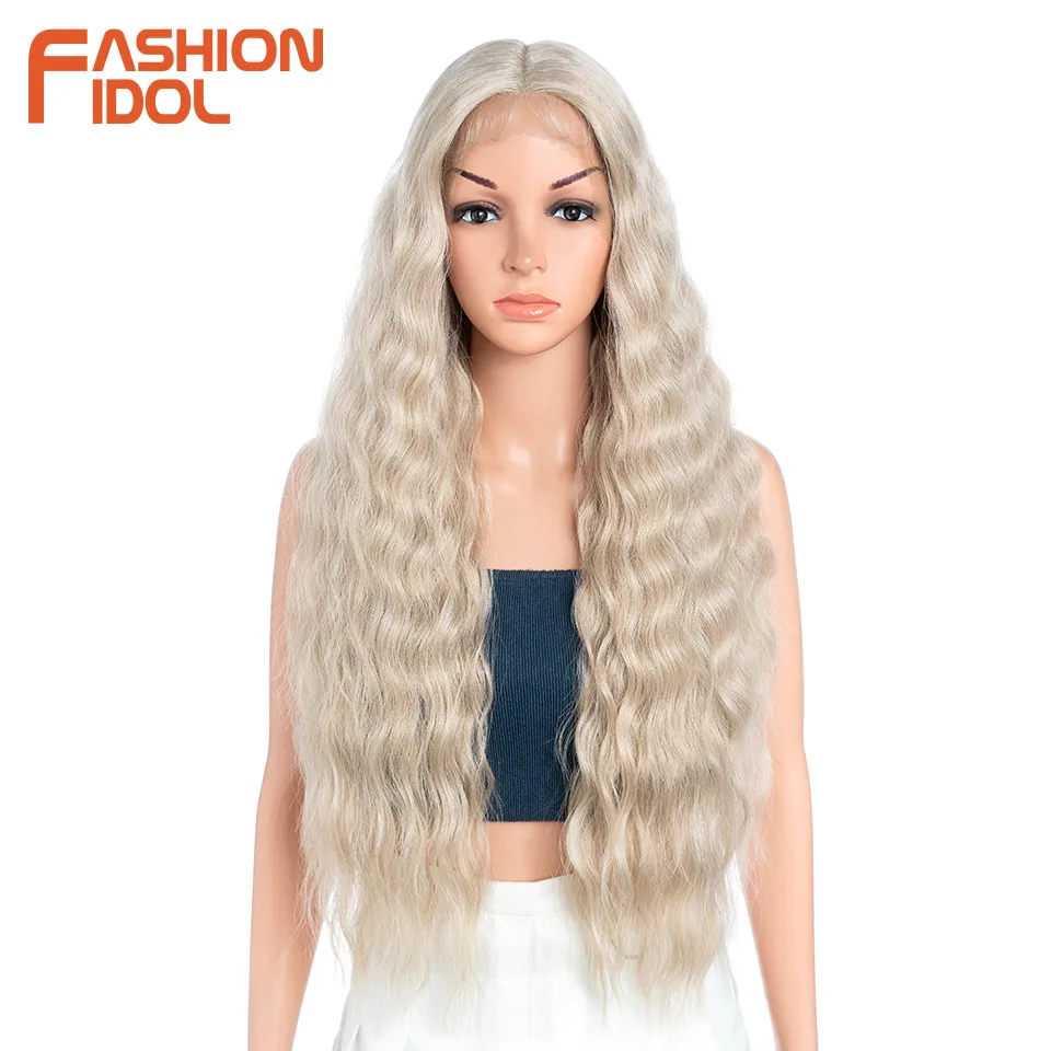 FASHION IDOL 30 Inch Lace Front Wigs Synthetic Ombre Blonde Water Wave Hair Wigs For Women High Temperature Fiber Cosplay Wigs