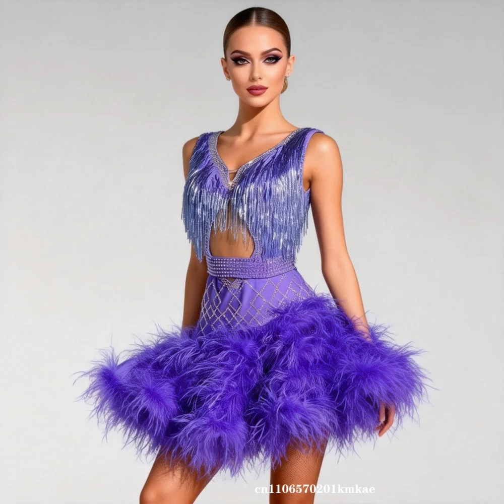 

New Latin Dance Costumes, Sleeveless, Slimming Adult Performance Costumes, Ostrich Fur Performance Costumes