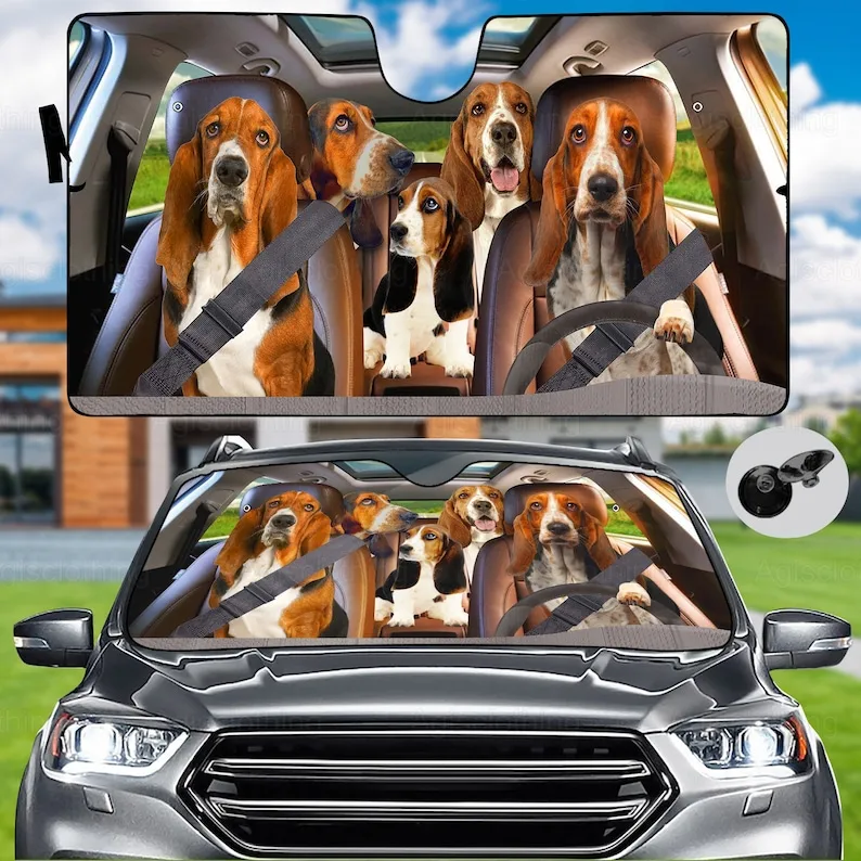 Basset Hound Family Car Sun Shade, Basset Auto Car Sun Shade, Basset Sunshade, Car Sun Protector, , Basset Gift