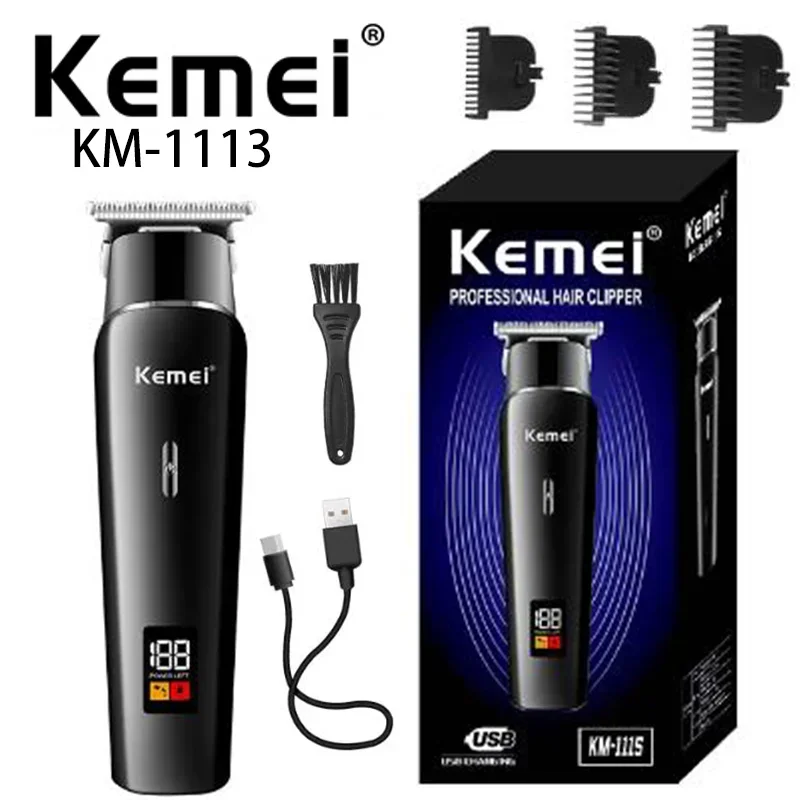 Kemei KM-1113 USB oplaadbare geluidsarme professionele draadloze draagbare heren tondeuse LCD digitale tondeuse