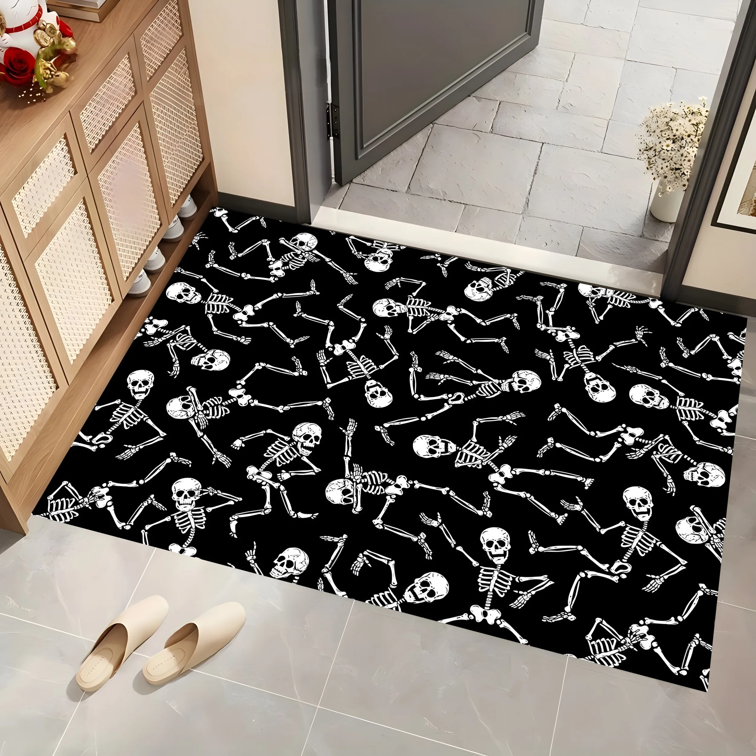 Dancing Skull All over Print 2D Area Rug in Dark Quirky Style for Living Room and Entryway, Halloween Party Decor