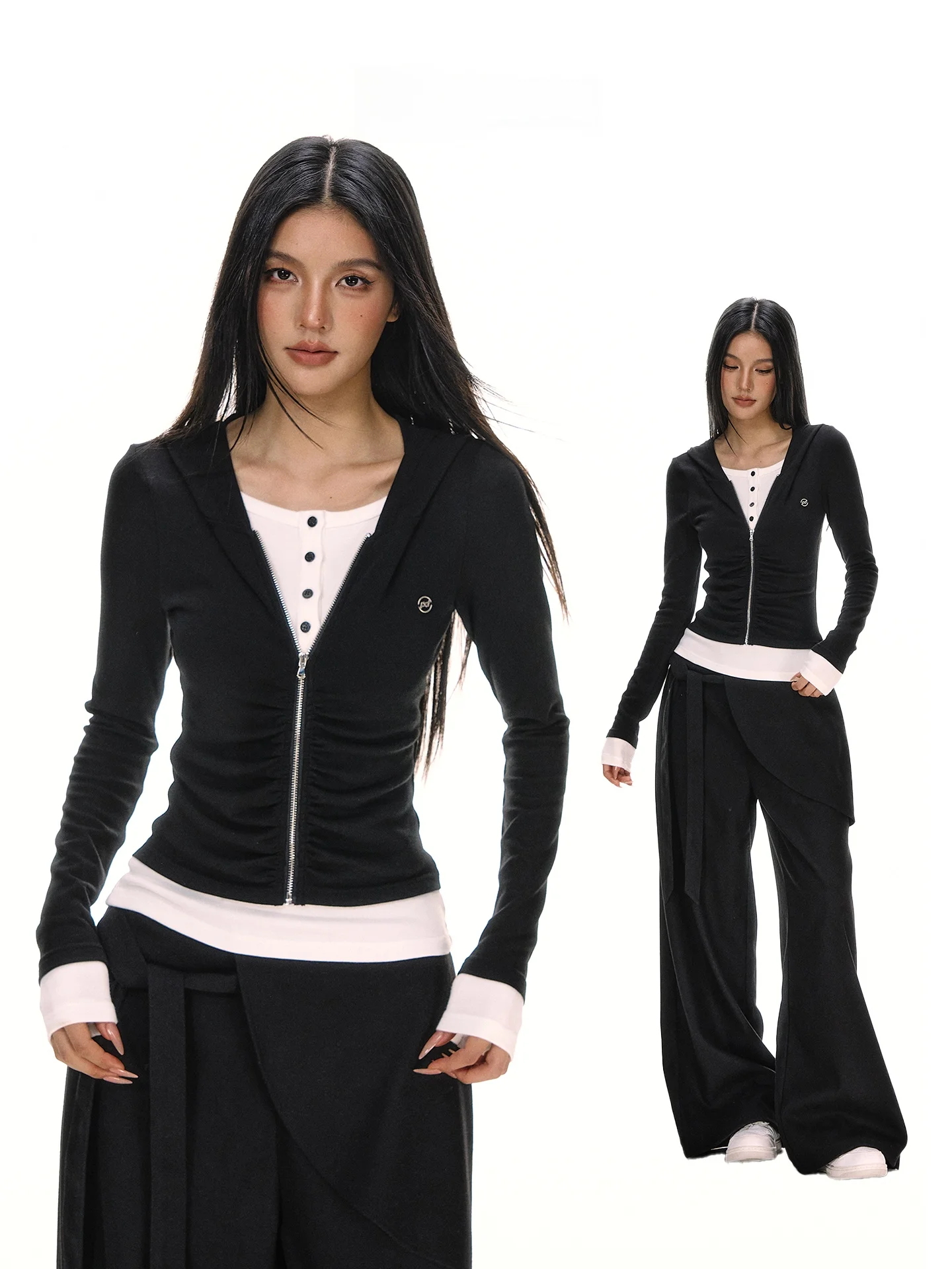 

Slimming Long Sve T-irt Women's Autumn Dstring Waist Gathered Hem V-Ne Top Outerwear Casual Sle Faux Two-Piece