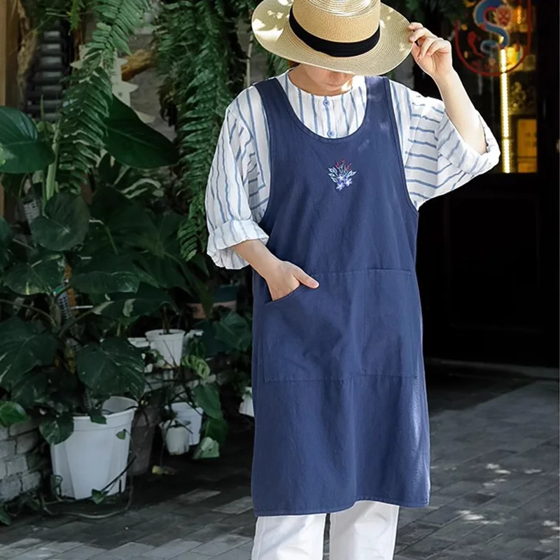 Summer Breathable 100% Cotton Kitchen Apron Home Women\'s Embroidered Cross-Back Pinafore for Cooking Baking Cleaning Gardening