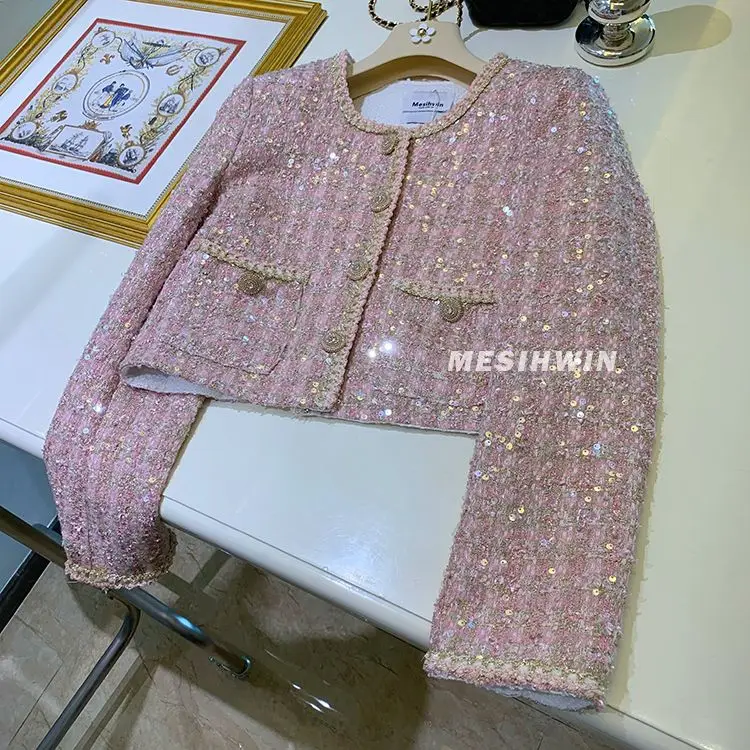 Luxury Coarse Tweed Sequined Blazers Coat Long Sleeve Beaded Suits Jacket High Waist OL Weave Sequins Cardigan Tops Chaquetas