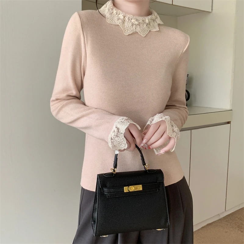 Turtleneck Knitwear Women Sweater Autumn Winter Lace Patchwork Pullover Long Sleeve Korean Casual Bottom Knitted Tops