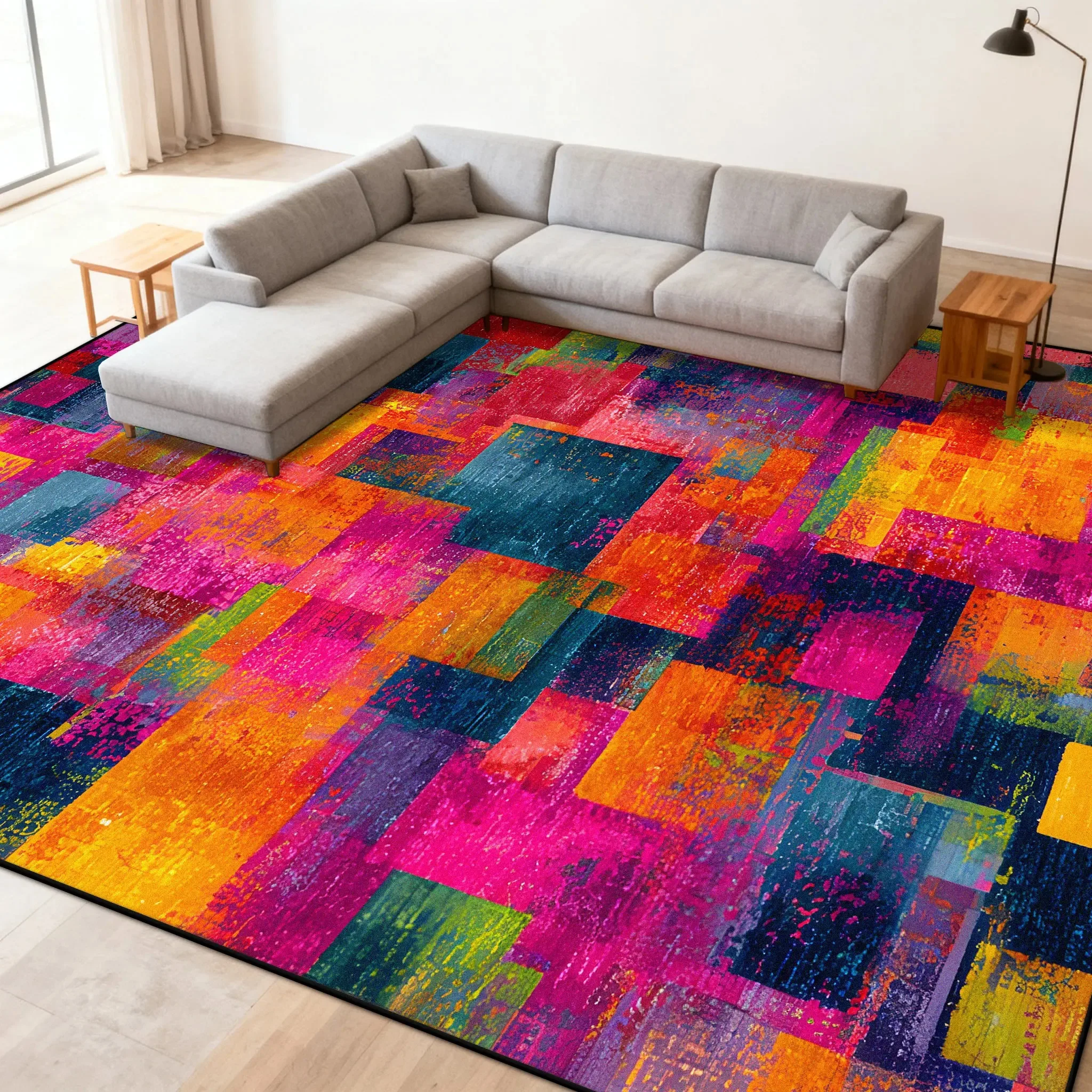 Sunny‑Toned Distressed Patchwork Large Area Rug Vibrant Multicolor Art Carpet for Living Room Sofa Home Interior Decor