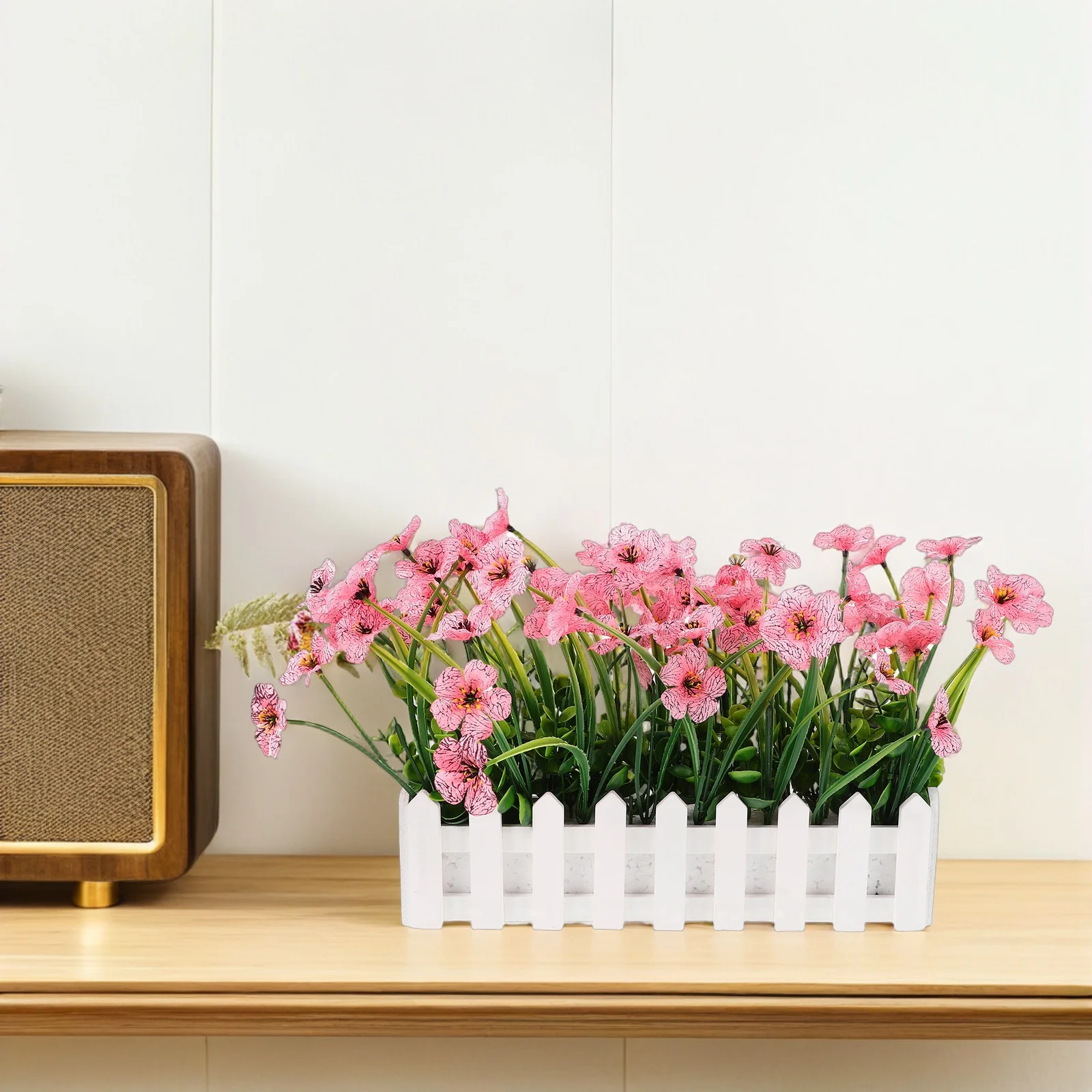 

Artificial Faux Violet Flowers Potted in Wooden Fence Realistic Indoor Home Wedding Table Centerpieces Decorative Faux Plants