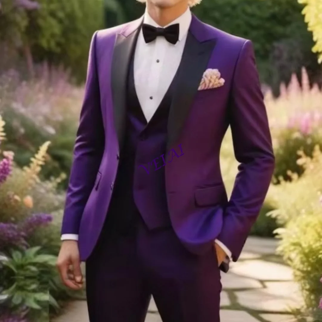 

CustomizedBlack Lapel Purple Formal Business Men Suit Groom Groomsman Wedding Party Prom Male Tuxedos 3 Piece Set Blazer Vest Pa
