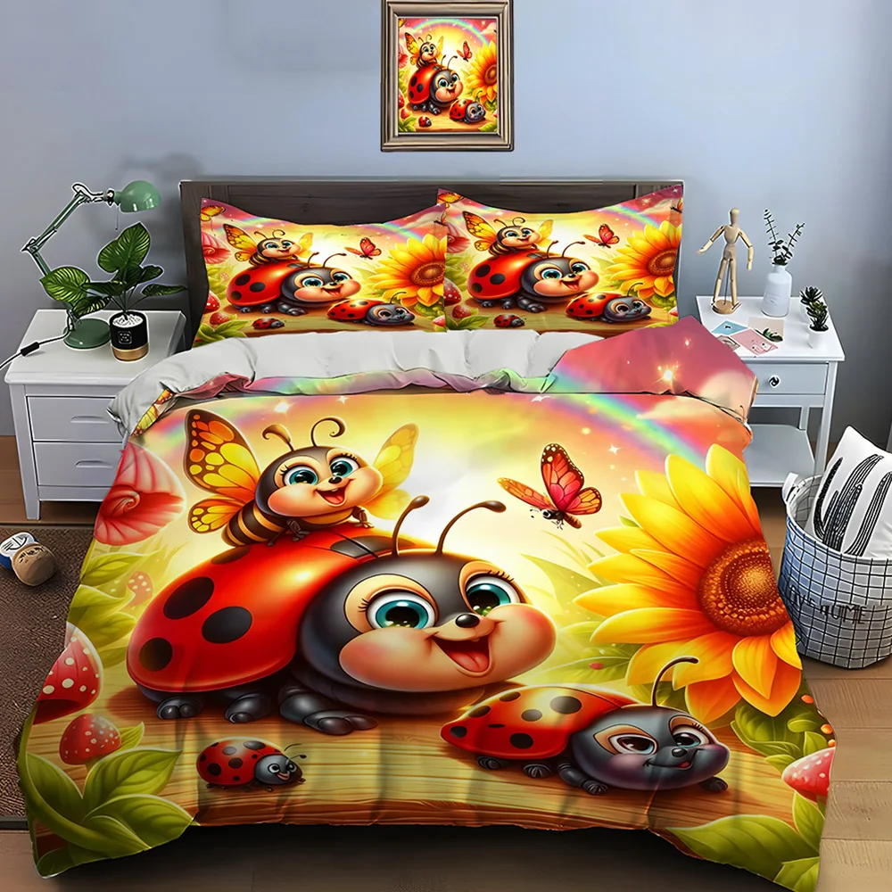 Joyful Insect World Under Rainbow Bedding Set for Kids Luxury Gift 3pcs Digital Print Comforter Set Soft Comfortable Breathable