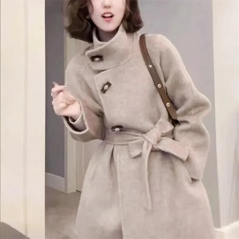 

Женское модное шерстяное пальто с длинными рукавами, корейская женская шерстяная куртка с карманами и завязками, осенне-зимняя женская шерстяная куртка с воротником-стойкой