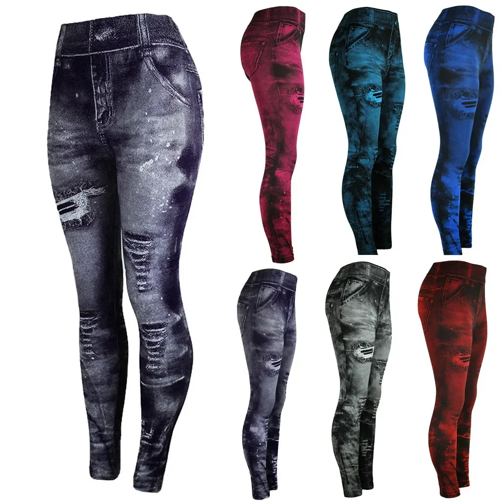 

Women 2023 Imitation Distressed Denim Jeans Leggings Casual High Waist Slim Elastic Pencil Pants Sport Leggins Female Push Up