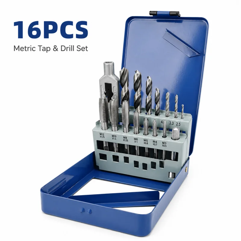 16PCS Metric Tap and Drill Bit Set M3-M12 Thread Tapping Kit with Tap Wrench Metal Storage Box for Metal Working DIY Repair