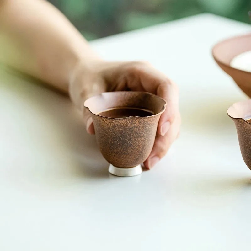 Pure Handmade Silver Petal Tea Cup Old Rock Clay Teacup Chinese Mate Hand Painted Gift Jingdezhen Tool Antique Pair Teaware Bowl
