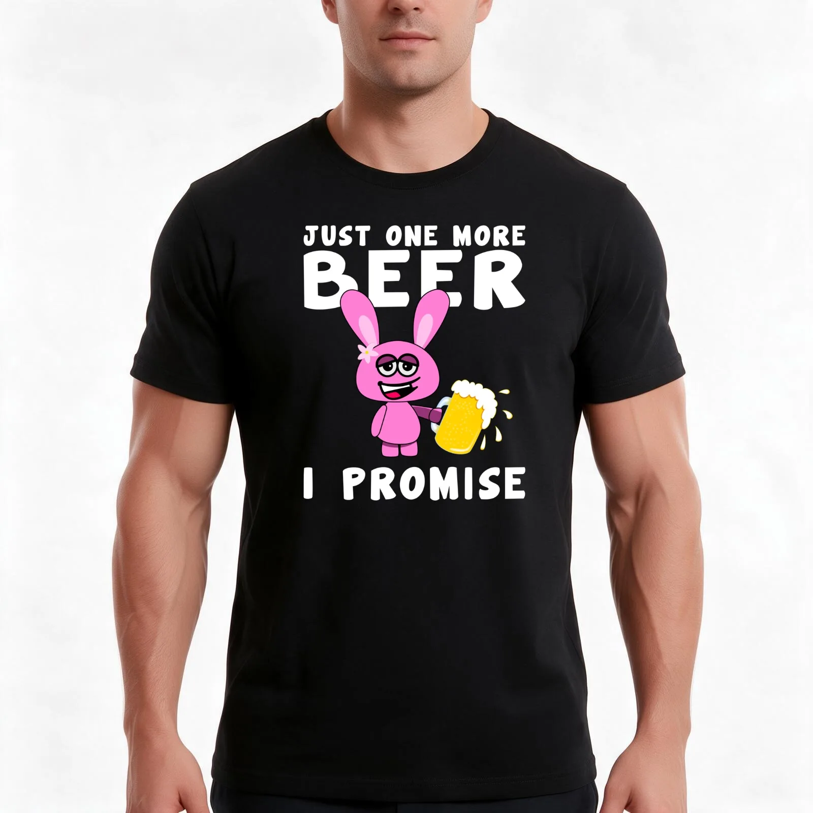 Just One More Beer I Promise Pink Drunken Rabbit With A Beer T-Shirt Summer Casual Cotton Tee Oversized Streetwear Tops