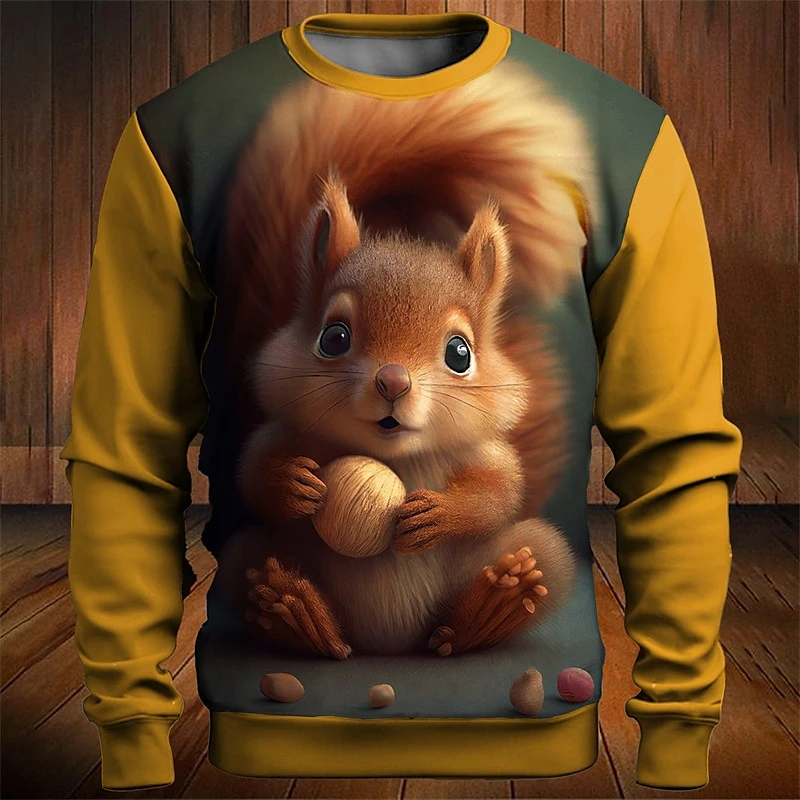 Cute Squirrel pattern 3D Printed Men's T-shirt Fashion Long Sleeve Hoodie Casual O-Neck Loose Mens Top Autumn Christmas Clothing