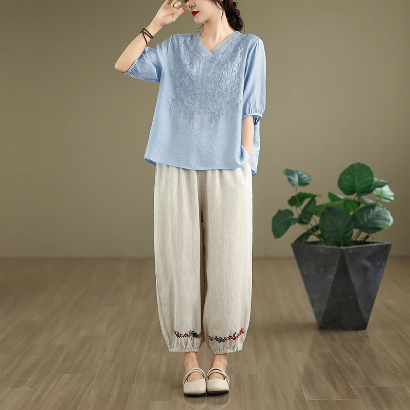 

Korean Style plus Size Slimming Embroidered Artistic Vintage Shirt Loose Cotton Linen Pants Summer Set Women's Ethnic Style H...