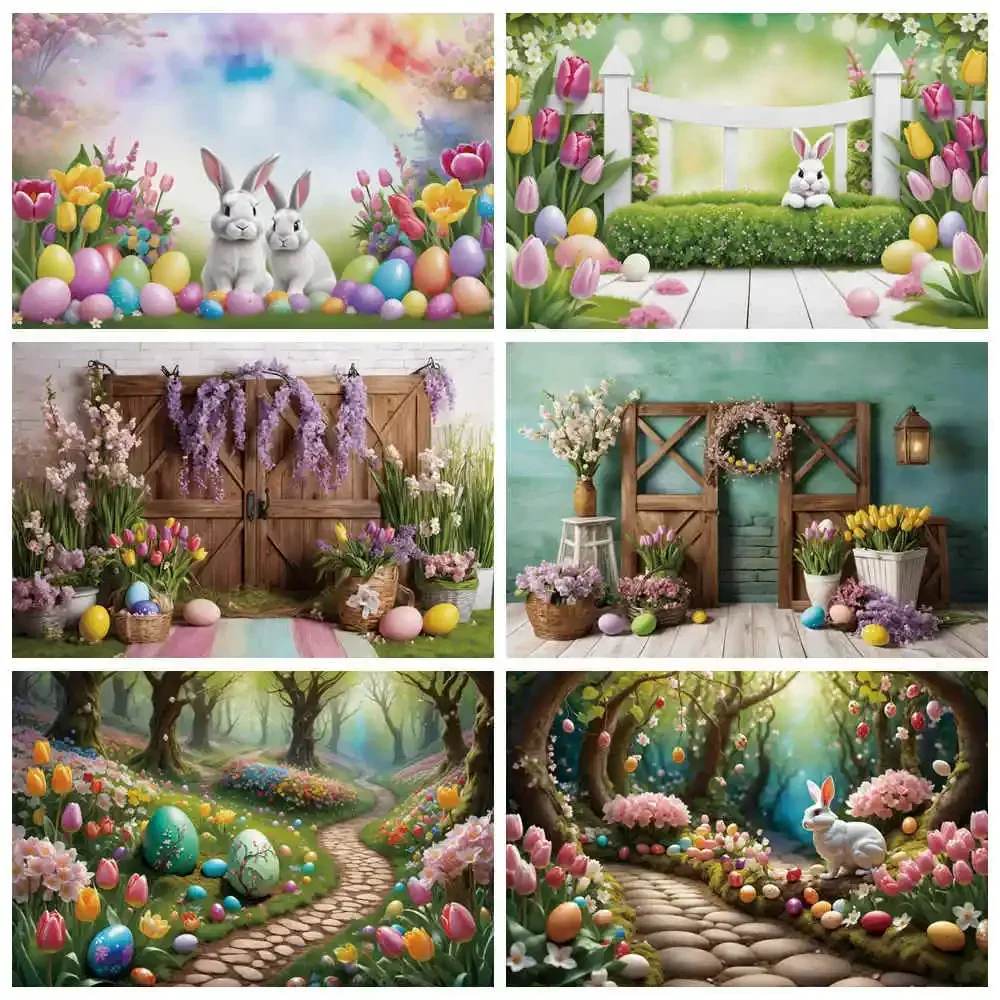 

Happy Easter Backdrop Photography Children Party Door Window Background Spring Flower Eggs Tulip Photozone Props