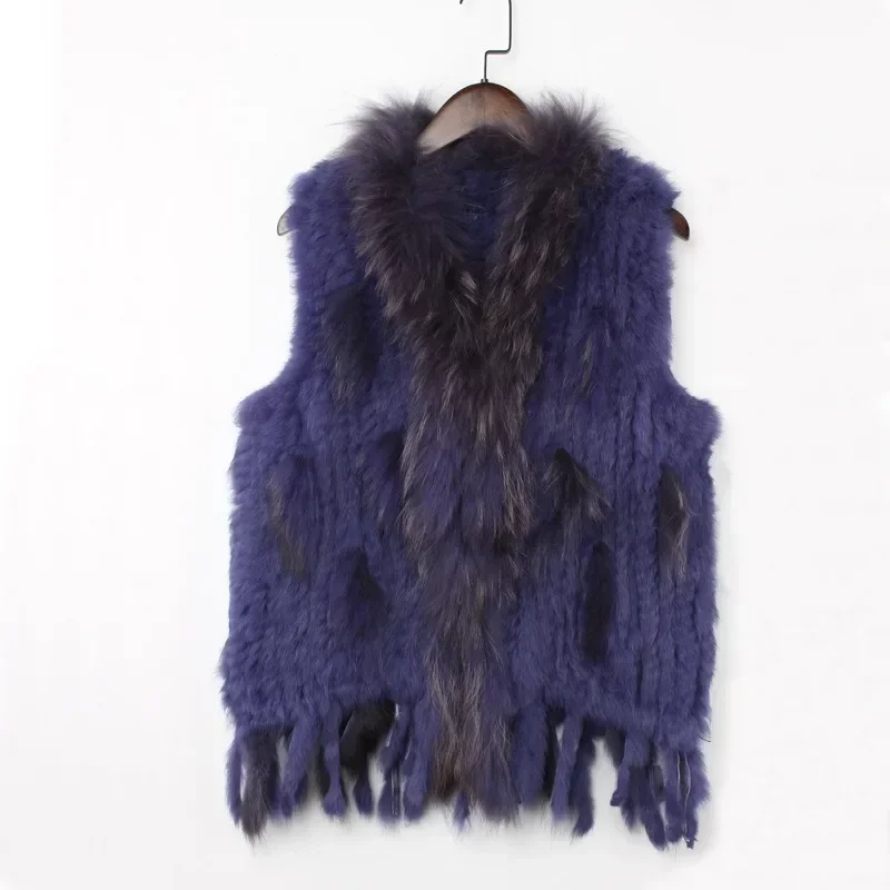 Fashion Luxury Vest Real Raccoon Women Fur Vest 100% Rabbit Fur Knitted Wholesale Fur Vest