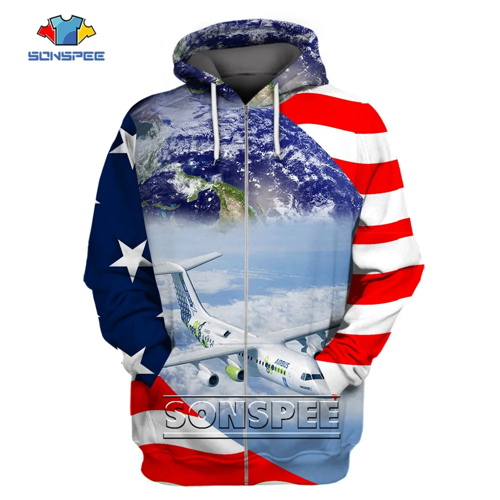 SONSPEE  Oversized American Flag Zipper Hoodie 3D Printing Men Women  Airplane Pattern Harajuku Streetwear Long Sleeve Hoodies