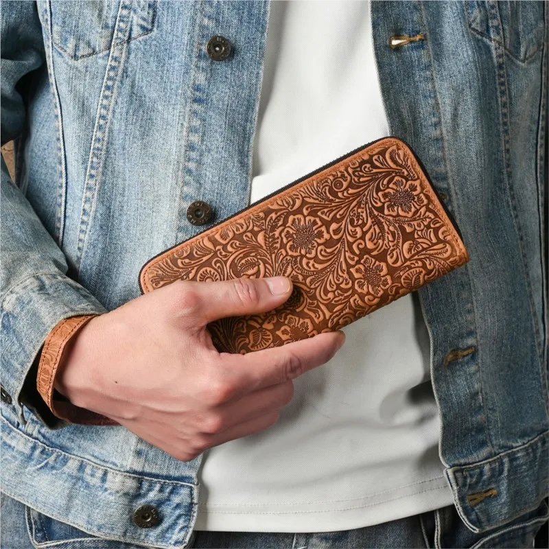 Johnature Crazy Horse Leather Long Wallet Men's Card Bag 2026 New Retro Embossed Zipper Multi Card Holder Purse
