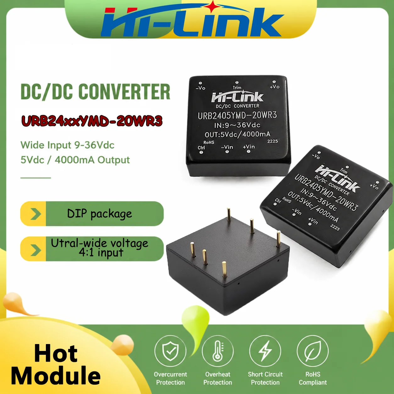 URB24xxYMD 20WR3 20W Dielectric Separated Voltage Adjuster 4 1 Extended Input Single Stabilized Output DIP Straight Pin Structur