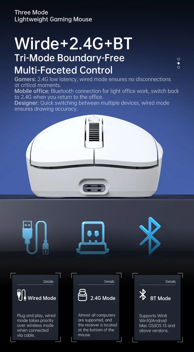 KEBIDUMEI Kabelgebundene/2,4 GHz/BT kabellose Gaming-Maus, 8000 DPI, 6 Stummschalttasten, wiederaufladbare Maus, leichtes Design, Mäuse für Bürospiele – Detail 4