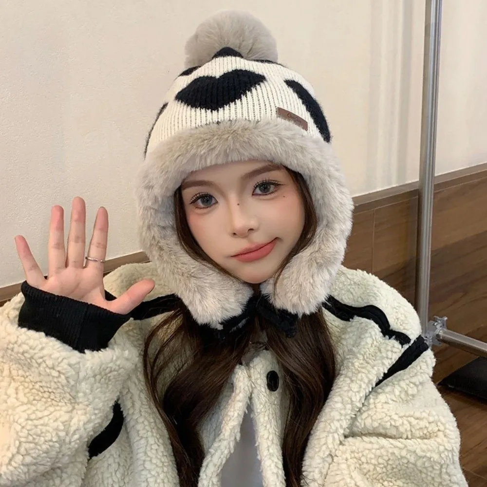Polyester Heart Pattern Ear Flap Hat Pom Pom Ear Protection Trapper Hat Cold Proof 55cm To 60cm Head Circumference
