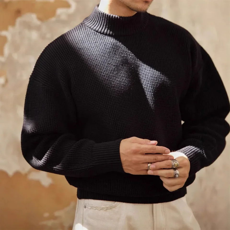2025 American Vintage Fashion Men's Thicken Half High Collar Long Sleeve Solid Color Cotton Casual Trendy Sweater Pullovers Male