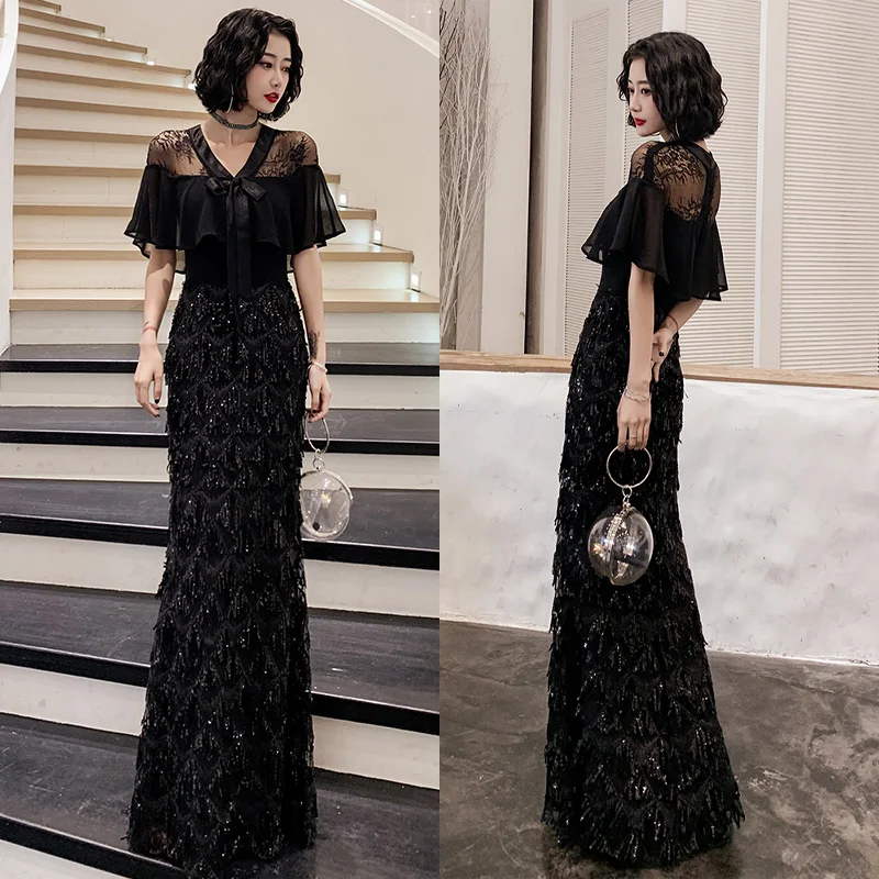 

It's Yiiya Black Short Sleeve V-Neck Sequins Pleat Mermaid Zipper Back Floor-Length Elegant Formal Dress Dress Woman Party A2855