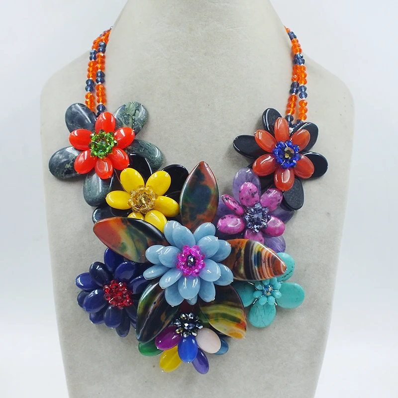 The most classic flower necklace. Semi Precious Stone/Coral/Crystal. Hand Woven Charm Women Jewelry 22”